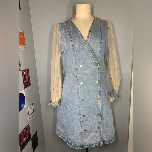 Denim Dress with Mesh See through Sleeves V neck Denim Dress - Picture 9 of 14